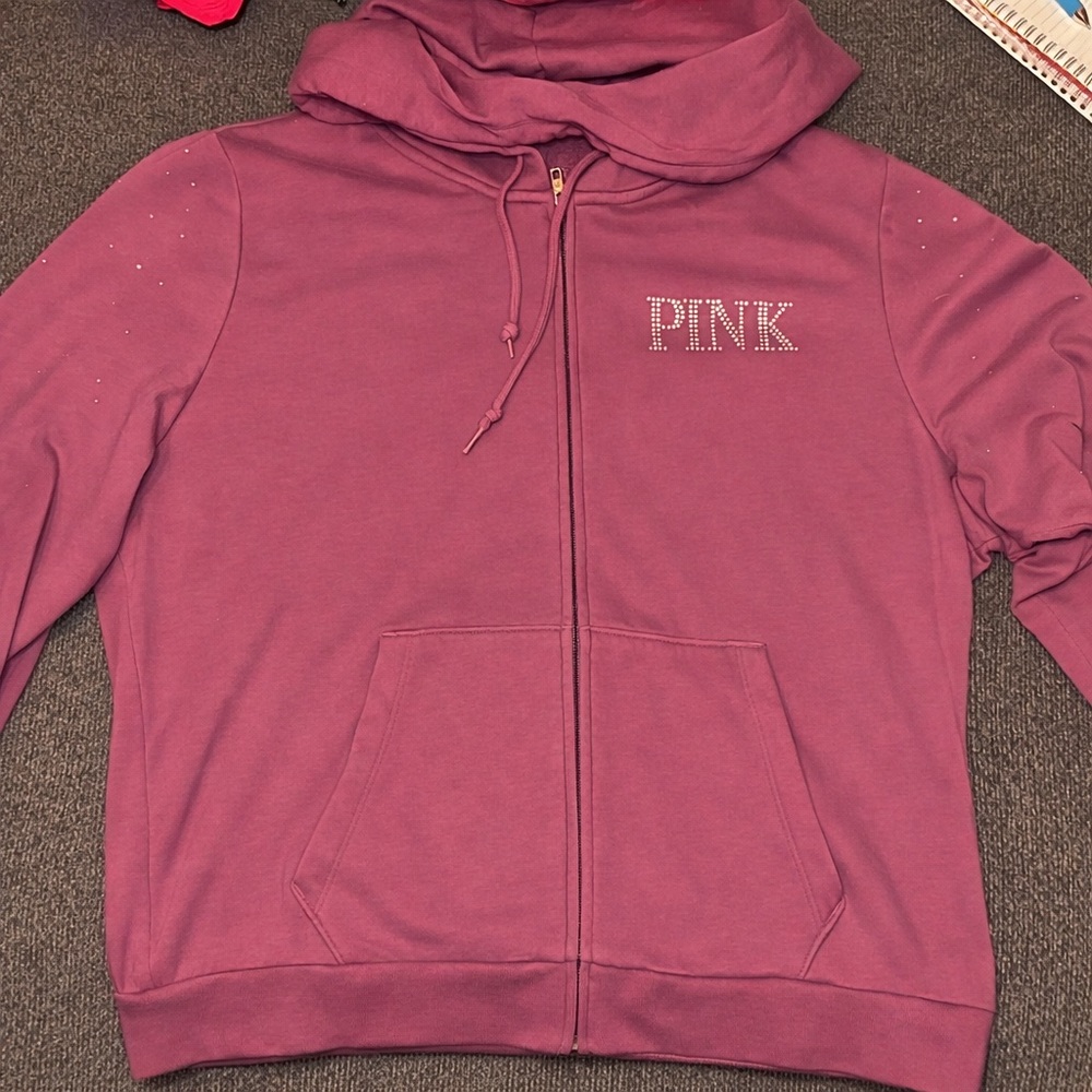 PINK Rhinestone Zip-Up Hoodie in Mauve